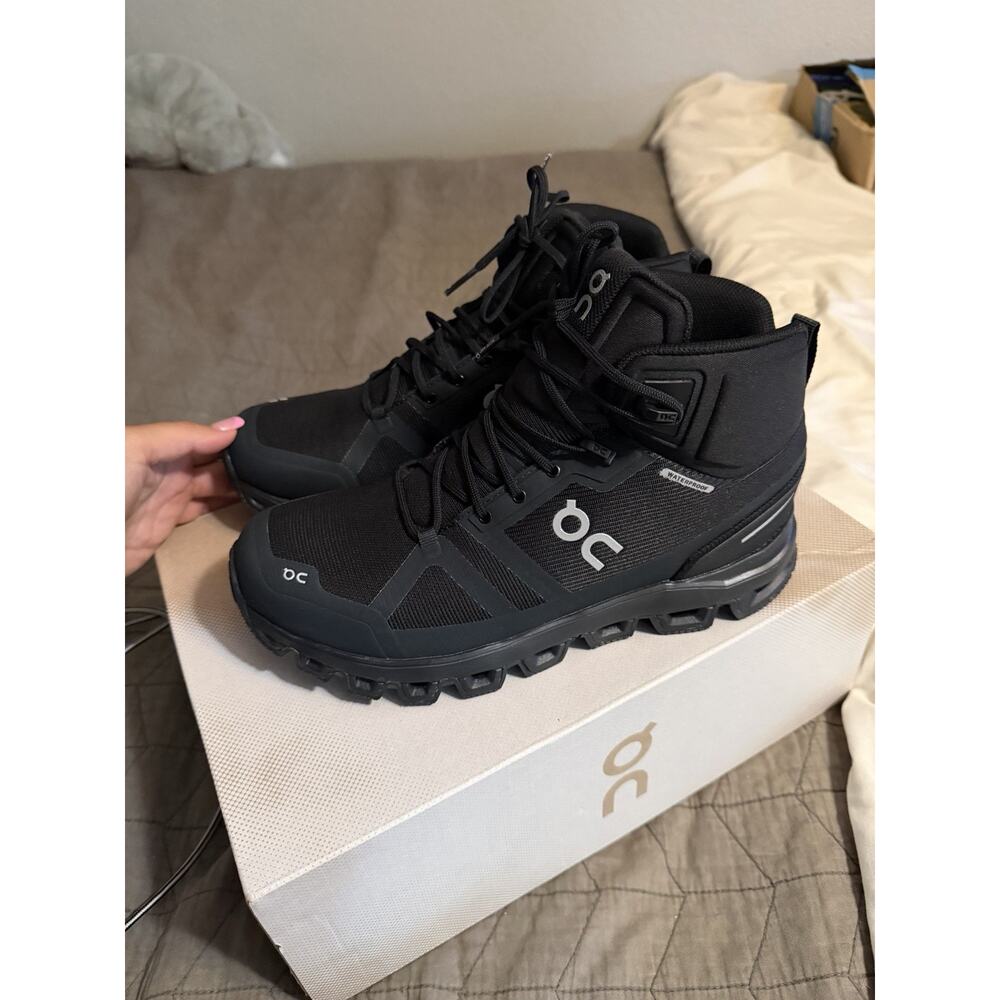 On Cloudrock Waterproof Women’s Black Mid Top Lace Up Hiking Athletic Shoes - Picture 3 of 8